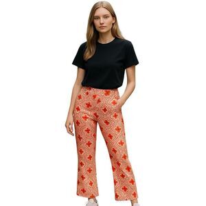 Shein Floral Patterned Bell Bottom Pants in Orange and Cream Size Medium